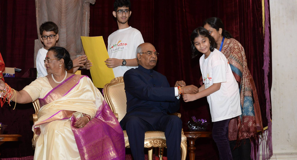 Hon'ble President Shri Ram Nath Kovind with Mrs. Anita Prasad and Ms. Mala Baronia at Rashtripati Bhawan.